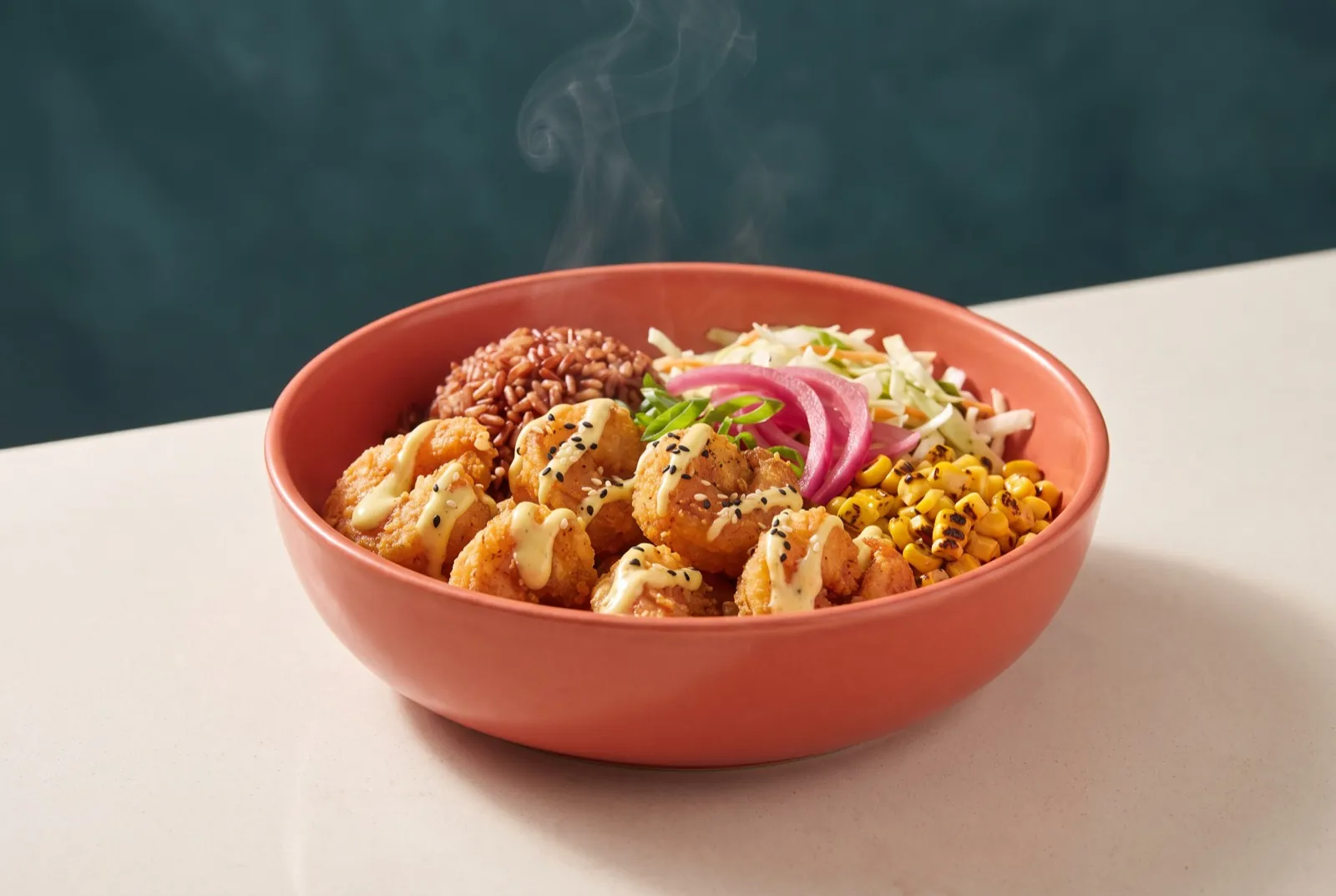 Steaming coral bowl of crispy shrimp, red rice, corn, and pickled onion on a clean counter