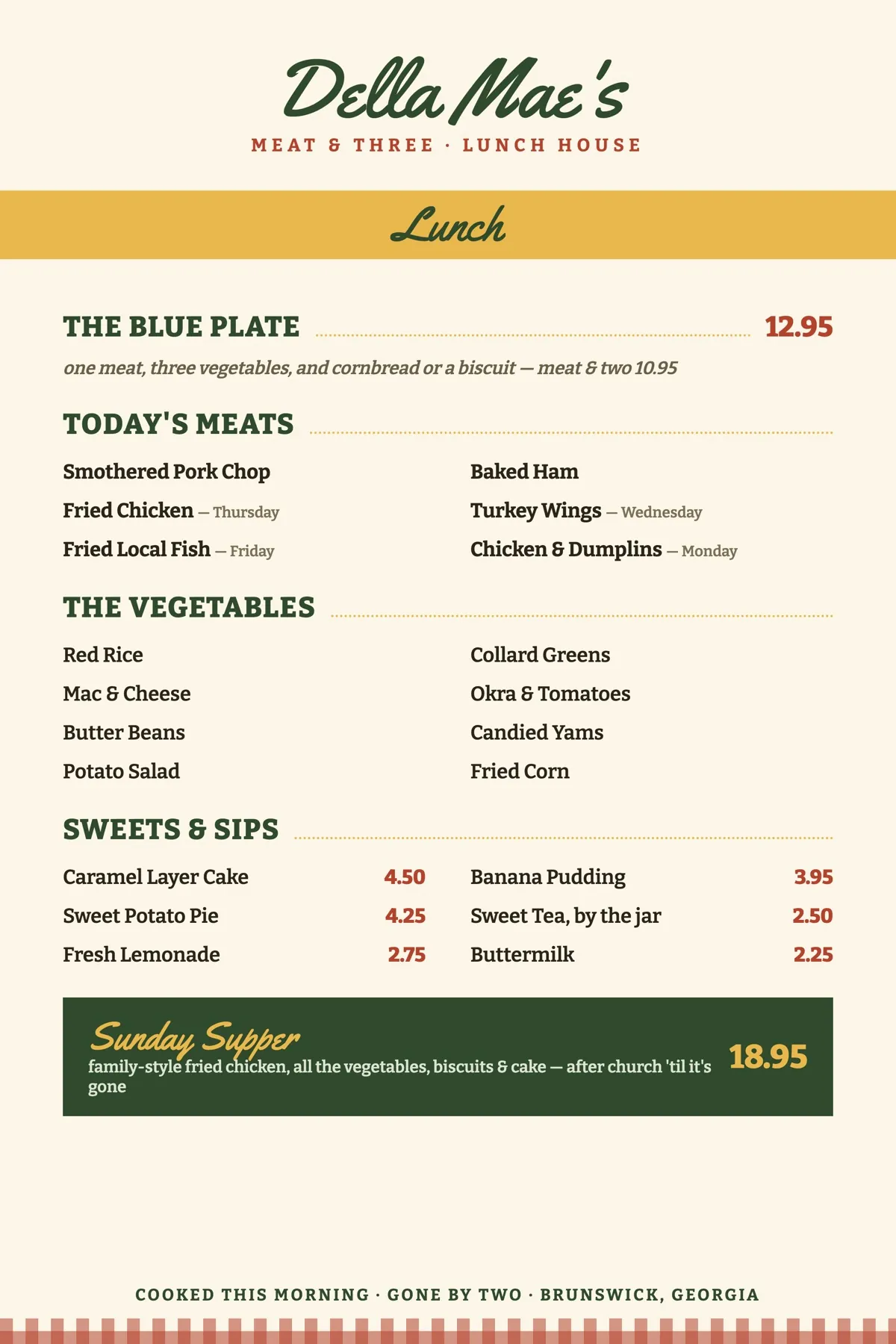Della Mae's lunch menu flat artwork: script masthead, yellow Lunch band, meat-and-three sections