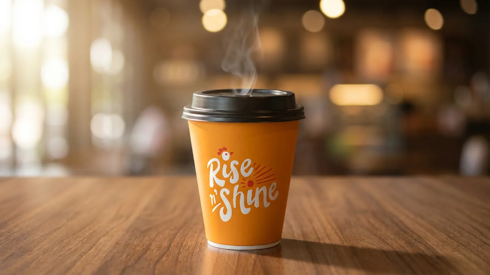 Southern Roost Rise N Shine orange hot cup with a black lid on a cafe table, steam rising