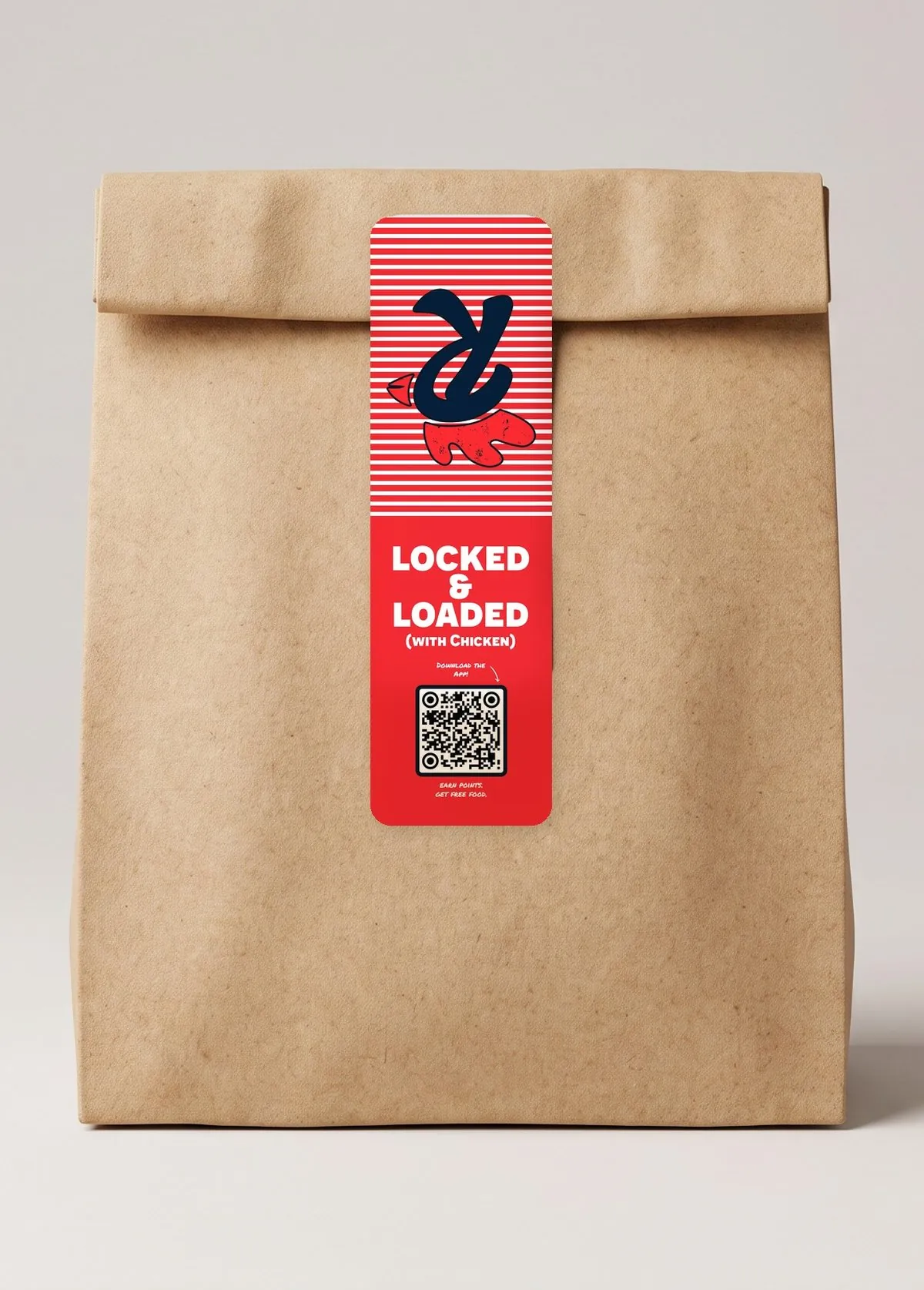 Locked and Loaded (with chicken) tamper-evident sticker sealing a folded kraft takeout bag