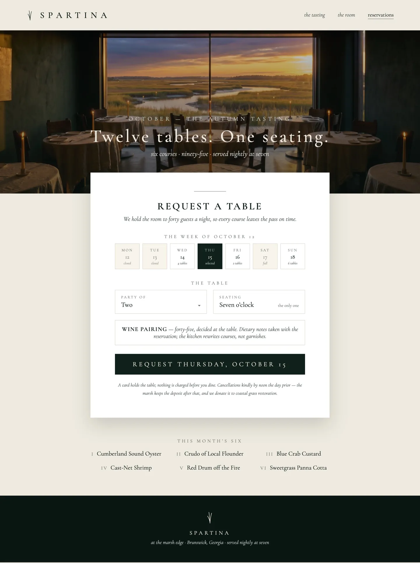 Spartina reservation page mockup: one week, one seating, no widget clutter