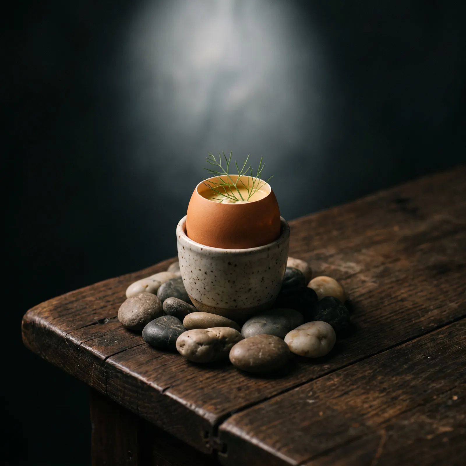 Blue crab custard served in the shell on a nest of river stones, single overhead beam