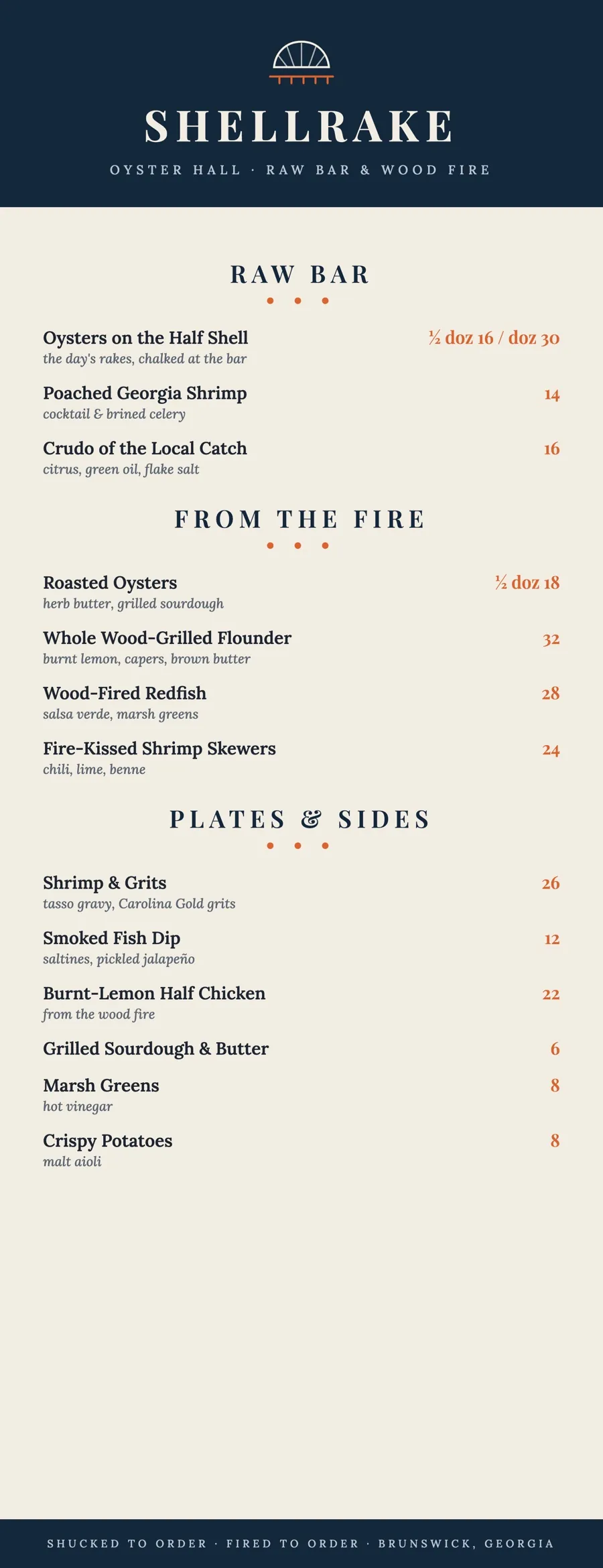 Shellrake dinner menu flat artwork: navy masthead with rake icon, Raw Bar, From the Fire, and Plates sections