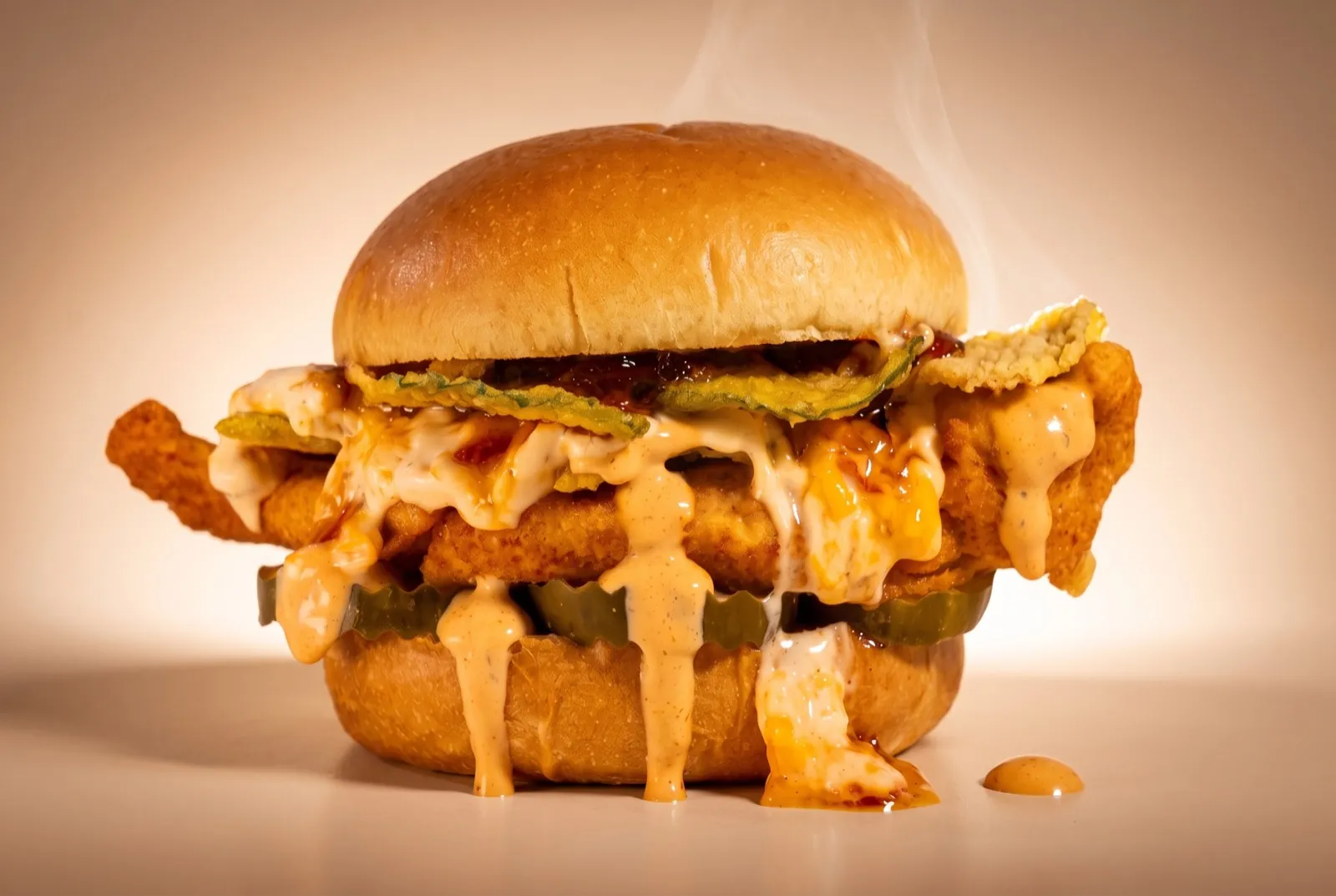 Fried chicken sandwich with pimento cheese and sauce drips