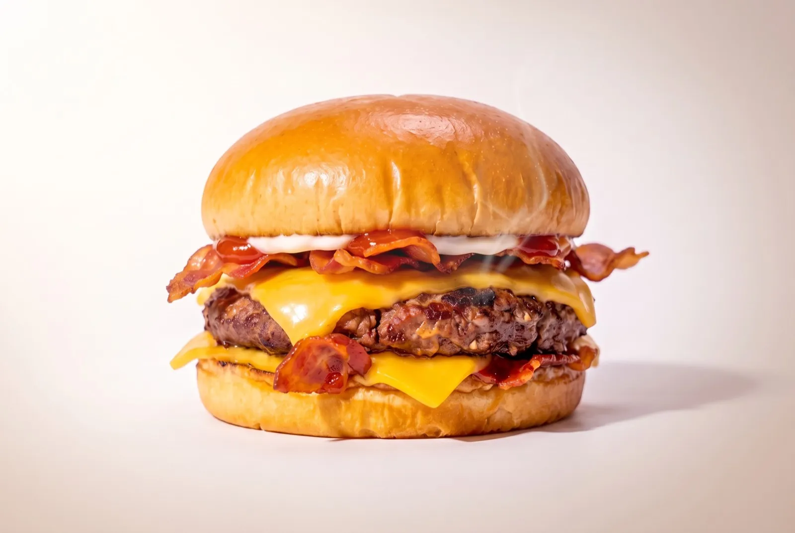 Bacon double cheeseburger with steam rising