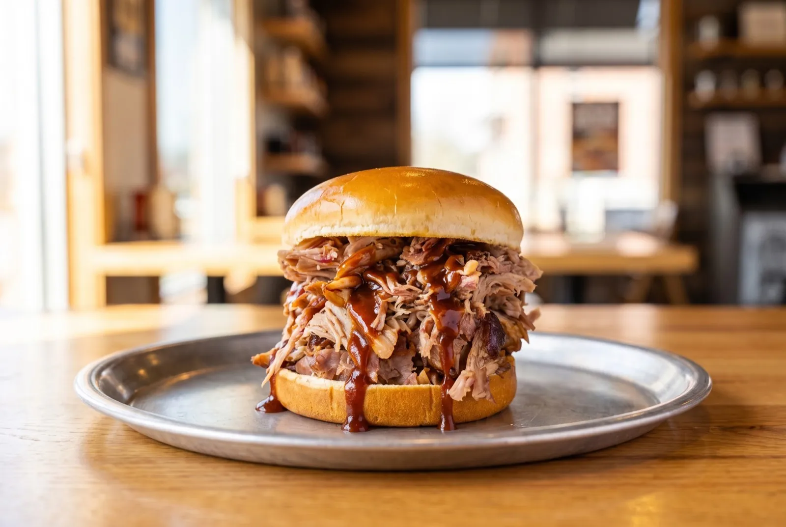 A pulled pork sandwich on a metal tray, barbecue sauce dripping, shot in warm light